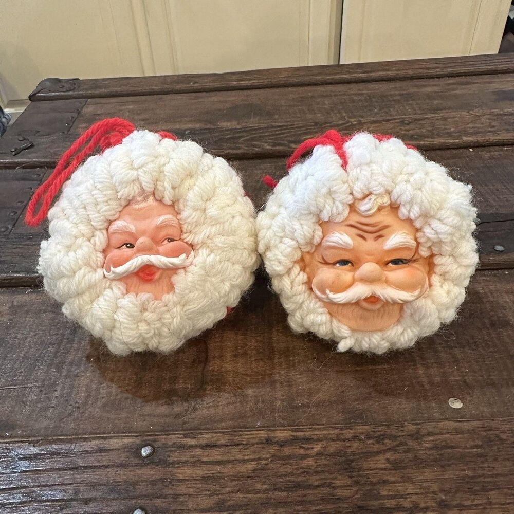 Vintage Folk Art Pom Pom Santa Claus Plastic Face Christmas Tree Ornaments Lot 2